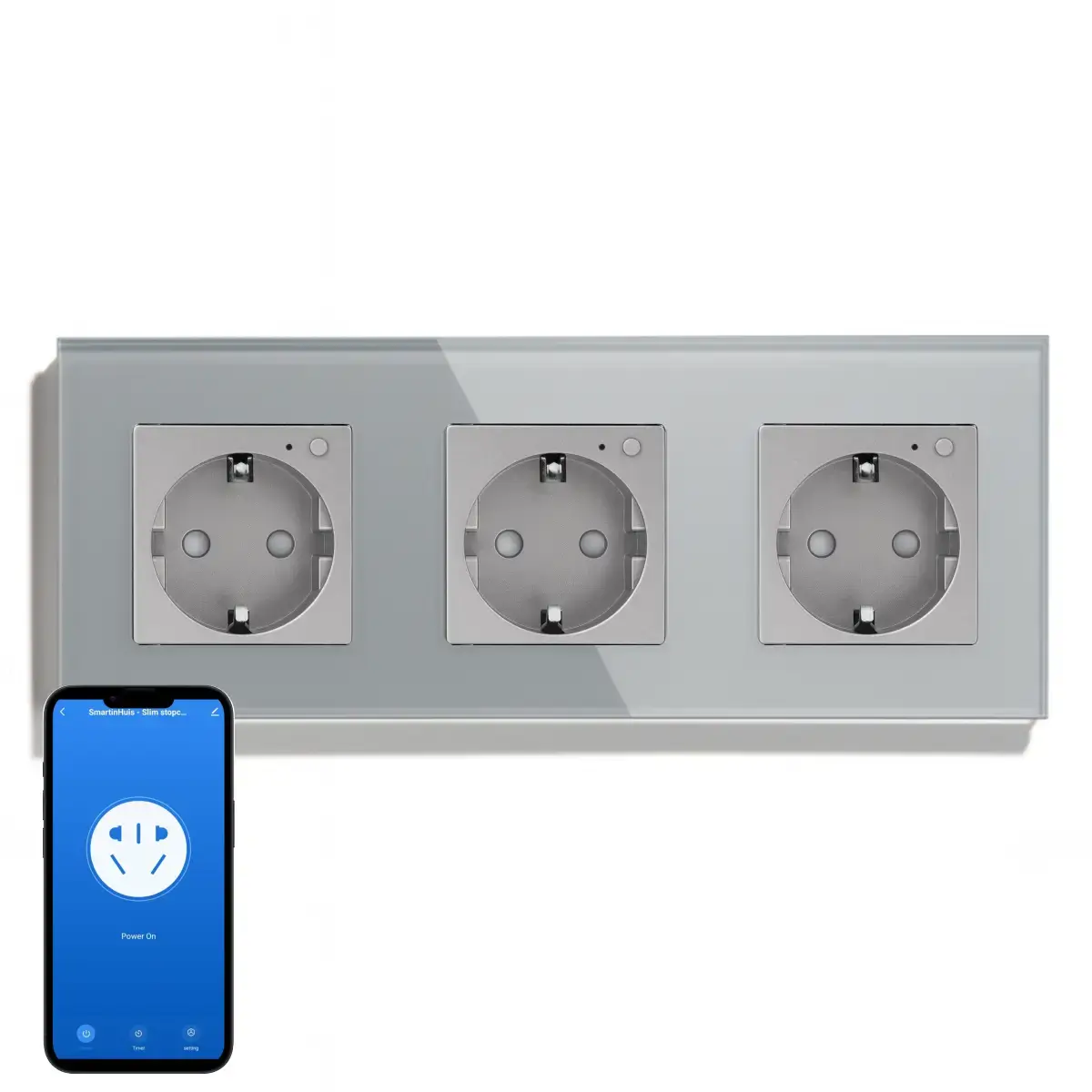 SmartinHuis - Slim drievoudig stopcontact - Grijs - Kristalglas - Wifi - Compatibel met Google Home