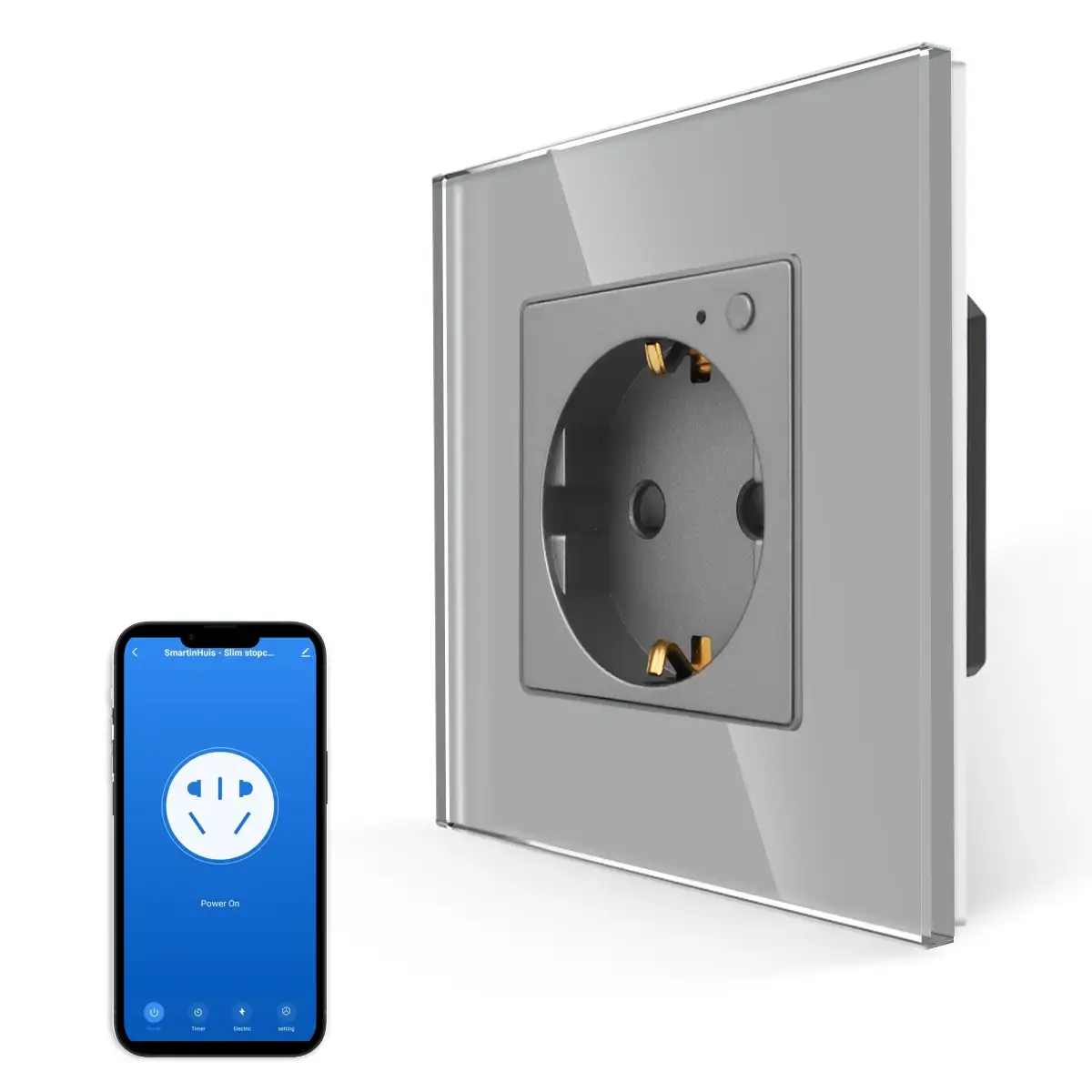 SmartinHuis - Slim enkelvoudig stopcontact - Grijs - Kristalglas - Wifi - Compatibel met Google Home - Energiemeter