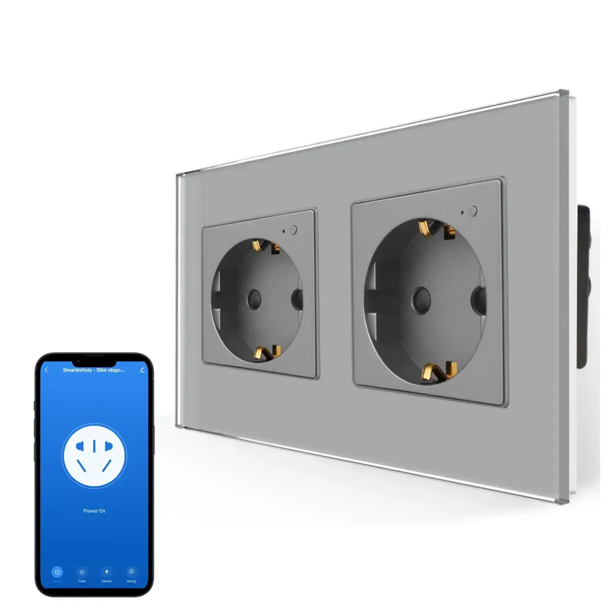 SmartinHuis - Slim tweevoudig stopcontact - Grijs - Kristalglas - Wifi - Compatibel met Google Home - Energiemeter