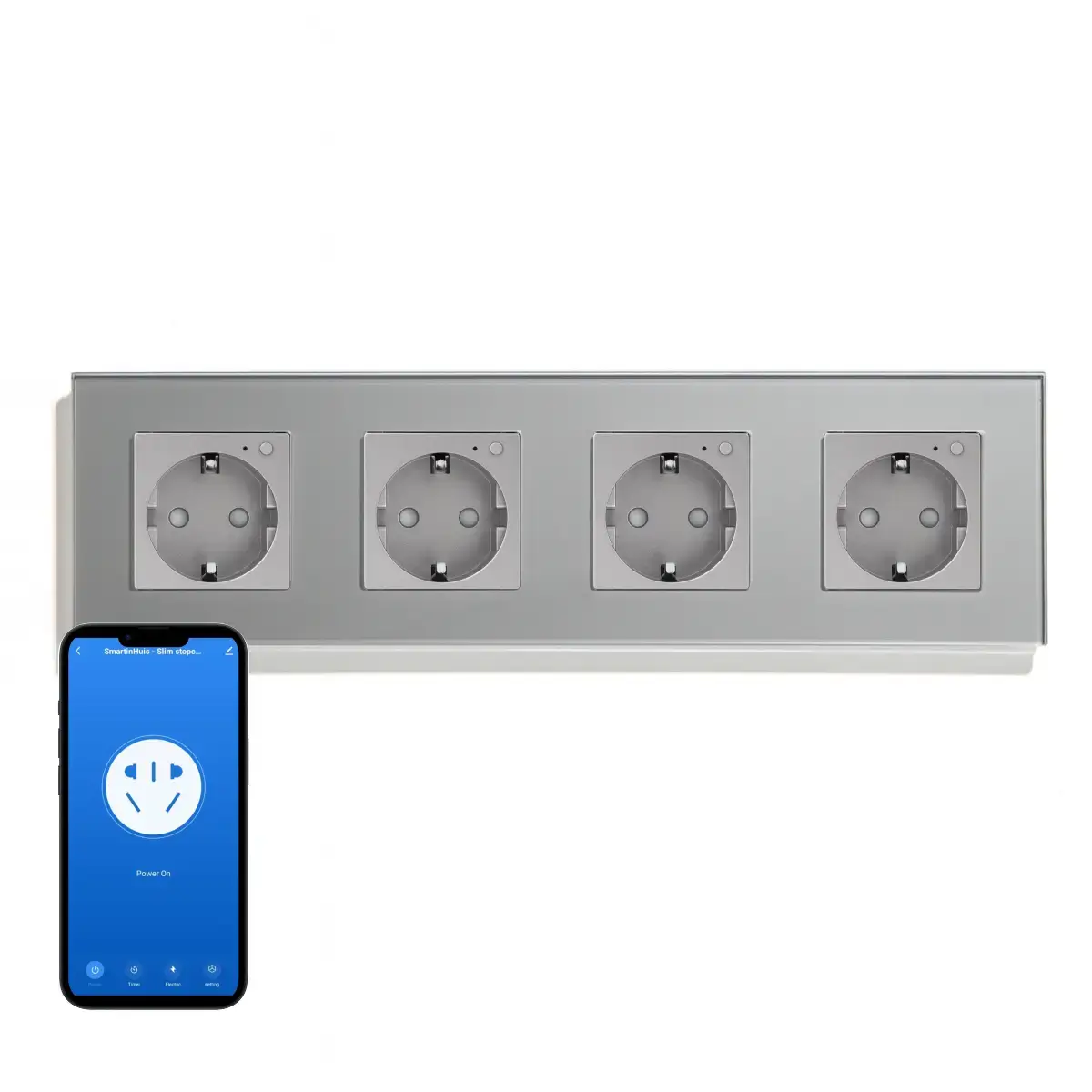 SmartinHuis - Slim viervoudig stopcontact - Grijs - Kristalglas - Wifi - Compatibel met Google Home - Energiemeter