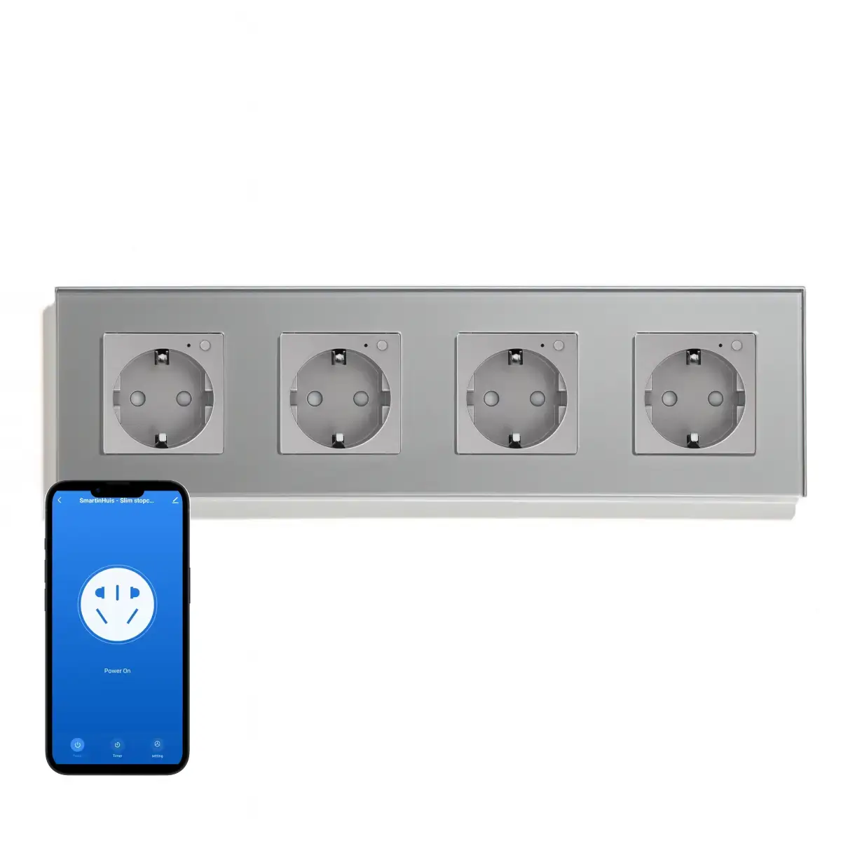 SmartinHuis - Slim viervoudig stopcontact - Grijs - Kristalglas - Wifi - Compatibel met Google Home