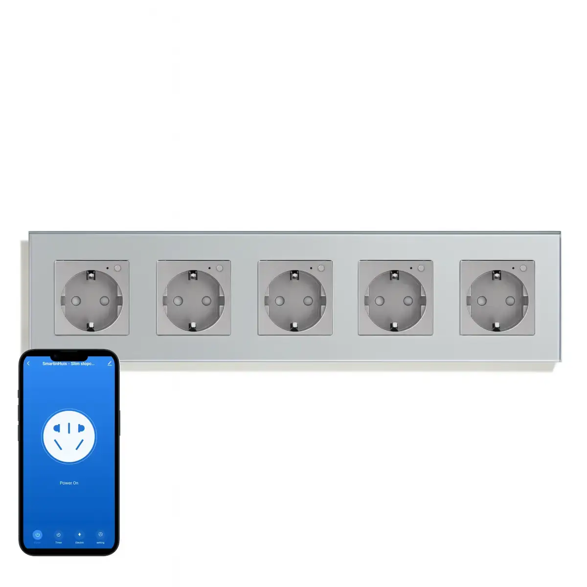 SmartinHuis - Slim vijfvoudig stopcontact - Grijs - Kristalglas - Wifi - Compatibel met Google Home - Energiemeter