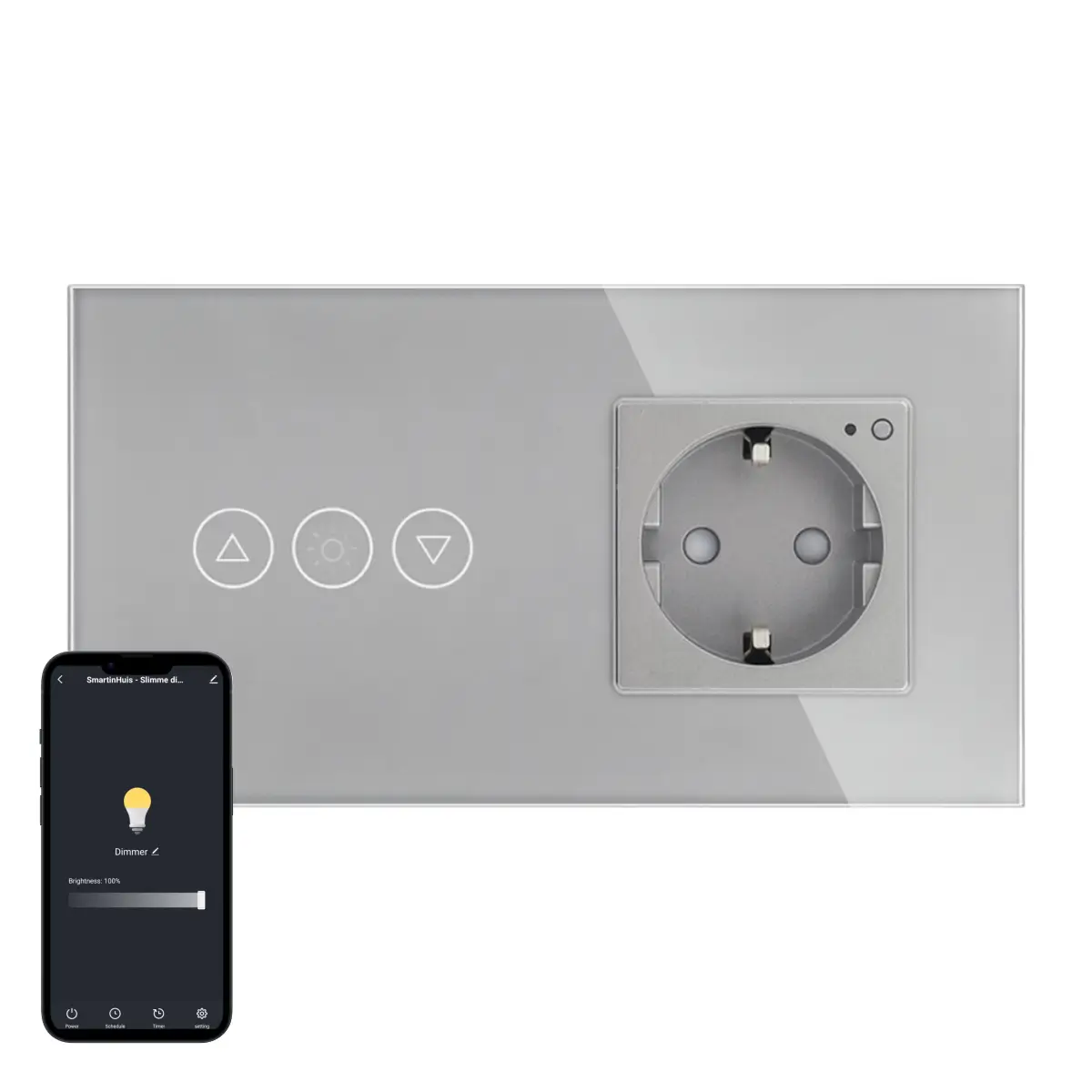 SmartinHuis - Slimme dimmer (symbolen) met stopcontact - Grijs - Kristalglas - 1 lamp