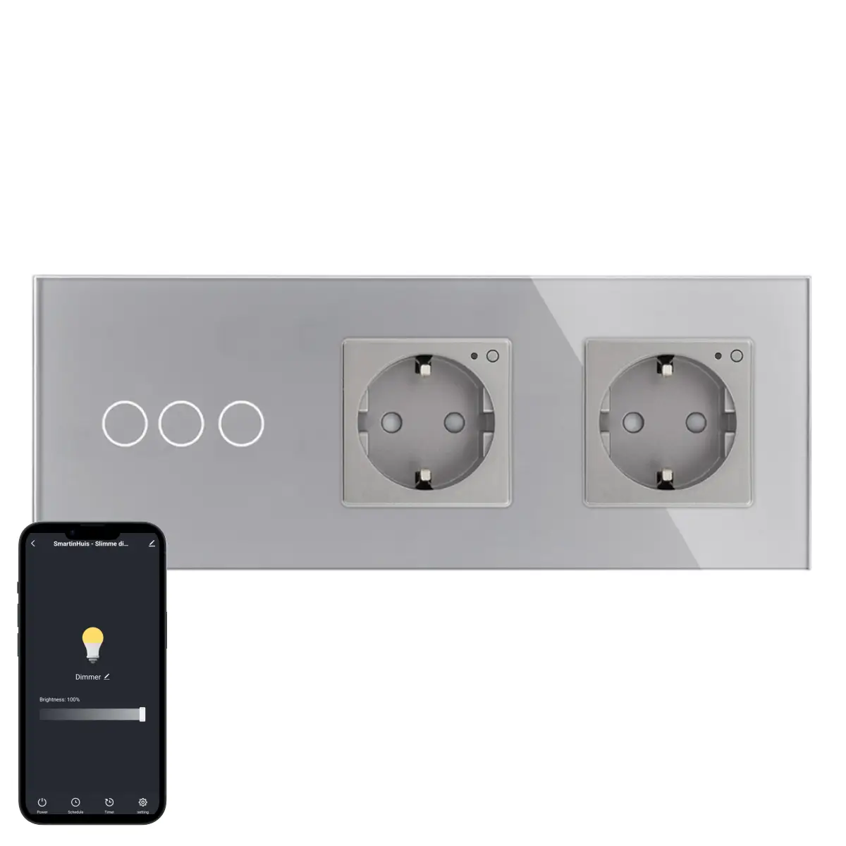 SmartinHuis - Slimme dimmer + tweevoudig stopcontact - Grijs - Kristalglas