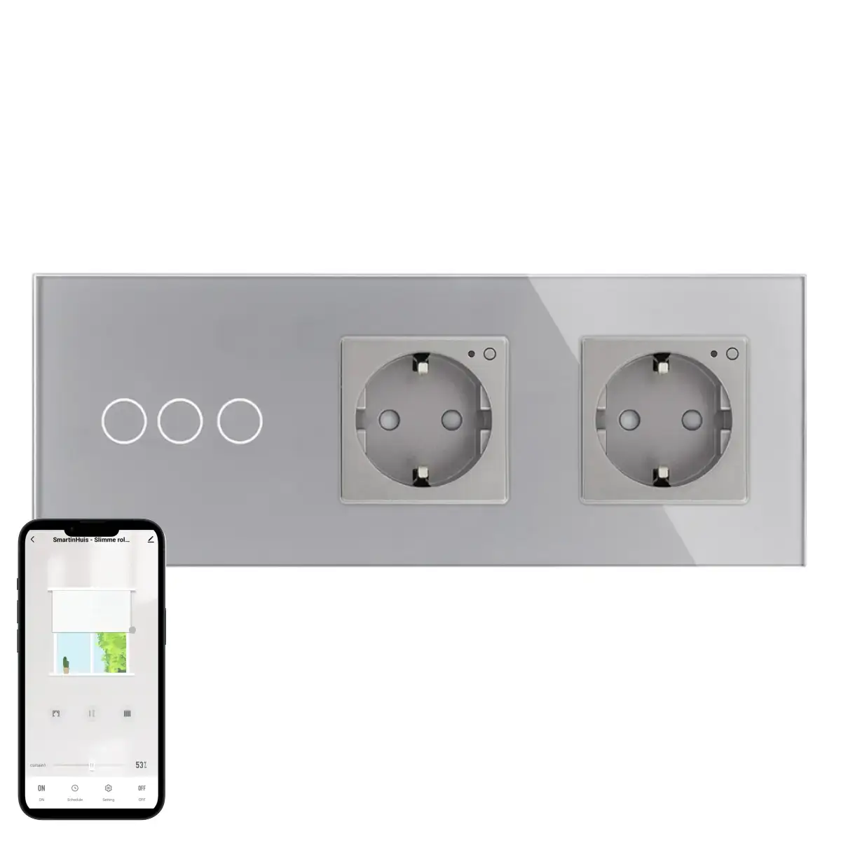 SmartinHuis - Slimme rolluikschakelaar + tweevoudig stopcontact - Energiemonitoring - Grijs - Kristalglas