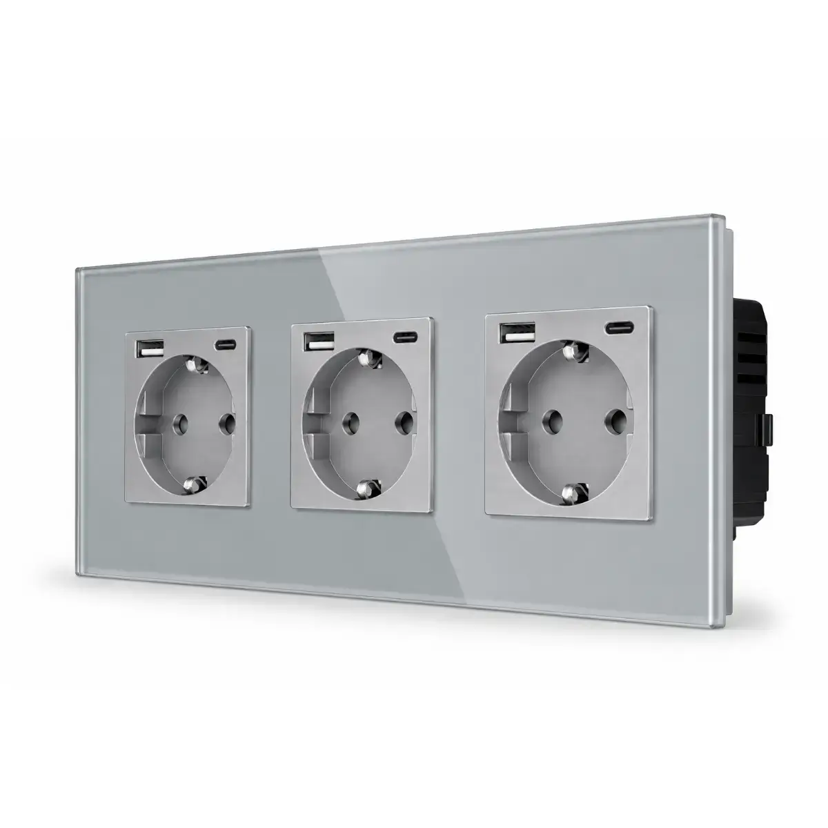 SmartinHuis - Drievoudig stopcontact - Grijs - USB A+C Fast Charger (20W) - Kristalglas