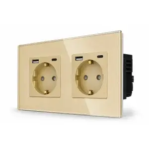 SmartinHuis - Tweevoudig stopcontact - Goud - USB A+C (12W) - Kristalglas