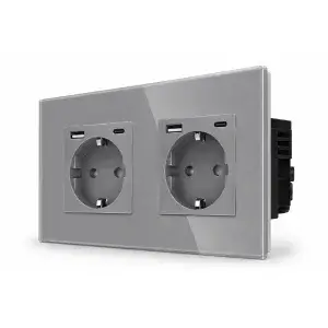 SmartinHuis - Tweevoudig stopcontact - Grijs -  USB A+C Fast Charger (20W) - Kristalglas