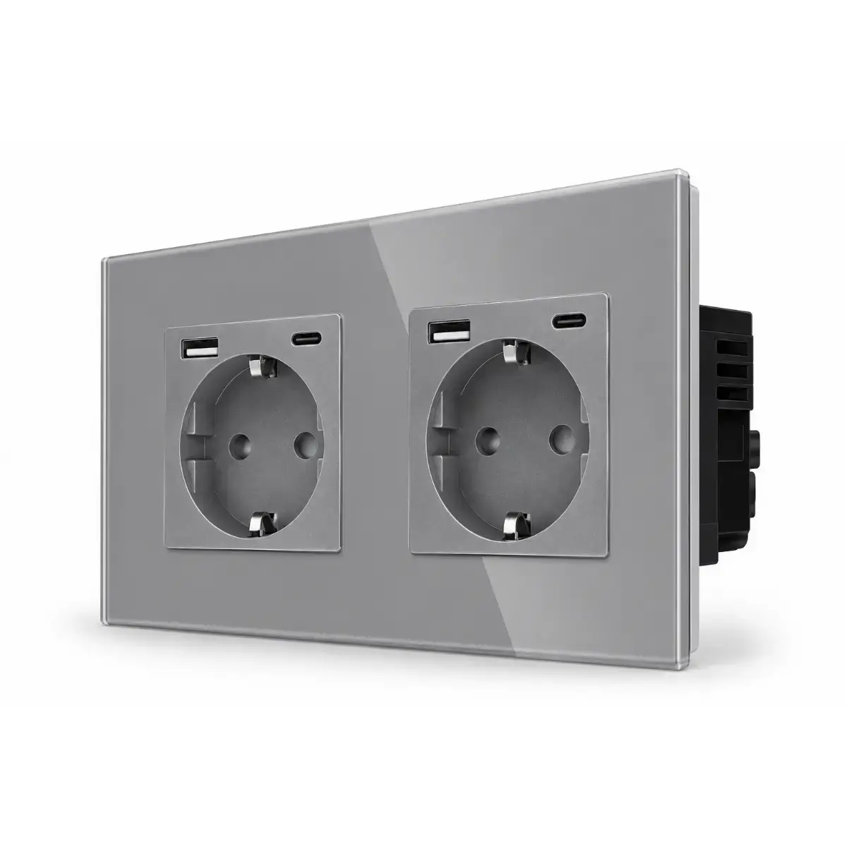 SmartinHuis - Tweevoudig stopcontact - Grijs - USB A+C Fast Charger (20W) - Kristalglas