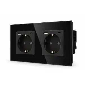 SmartinHuis - Tweevoudig stopcontact - Zwart - USB A+C (12W) - Kristalglas