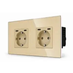 SmartinHuis - Tweevoudig stopcontact - Goud -  USB C+C Fast Charger (20W) - Kristalglas