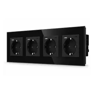 SmartinHuis - Viervoudig stopcontact - Zwart -  USB A+C (12W) - Kristalglas