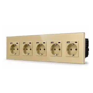 SmartinHuis - Vijfvoudig stopcontact - Goud -  USB A+C (12W) - Kristalglas