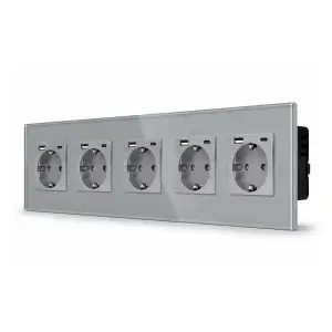 SmartinHuis - Vijfvoudig stopcontact - Grijs  -  USB A+C Fast Charger (20W) - Kristalglas
