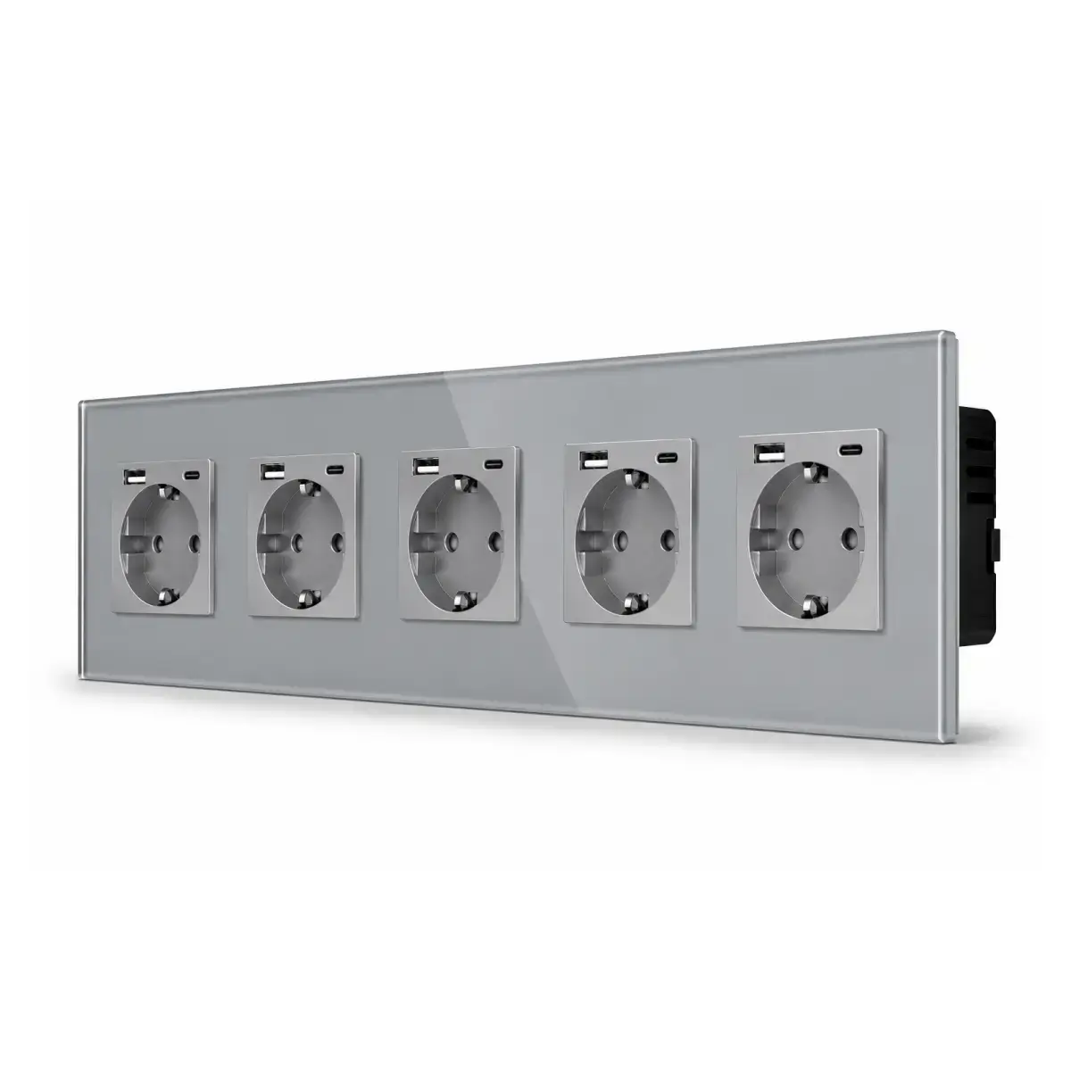 SmartinHuis - Vijfvoudig stopcontact - Grijs - USB A+C Fast Charger (20W) - Kristalglas