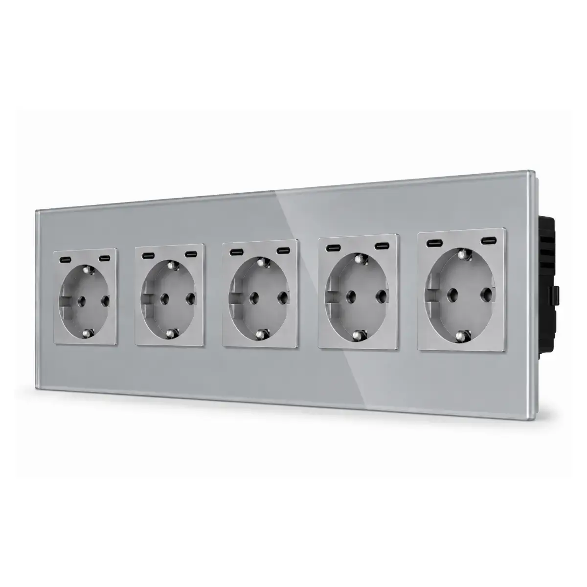 SmartinHuis - Vijfvoudig stopcontact - Grijs - USB C+C Fast Charger (20W) - Kristalglas